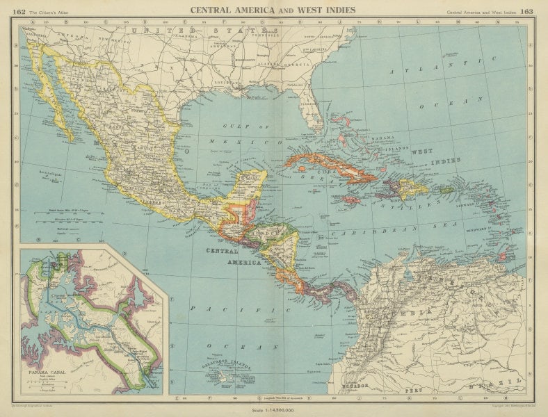 CARIBBEAN/CENTRAL AMERICA. Inset Panama Canal Zone. BARTHOLOMEW 1947 old map: TITLE/CONTENT OF MAP: 'Central America & West Indies inset Panama Canal' DATE PRINTED: 1947 IMAGE SIZE: Approx 34.5 x 45.5cm, 13.75 x 18 inches (Large); Please note that this is a folding map. TYPE: V
