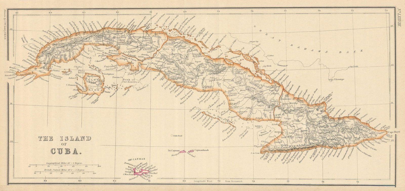 The Island of Cuba & the Cayman Islands. LOWRY 1860 old antique map plan chart: CAPTION PRINTED BELOW PICTURE: 'The Island of Cuba' DATE PRINTED: 1860 IMAGE SIZE: Approx 36.5 x 17.5cm, 14.5 x 6.75 inches (Large); Please note that this is a folding map. TYPE: Antique engraved atla