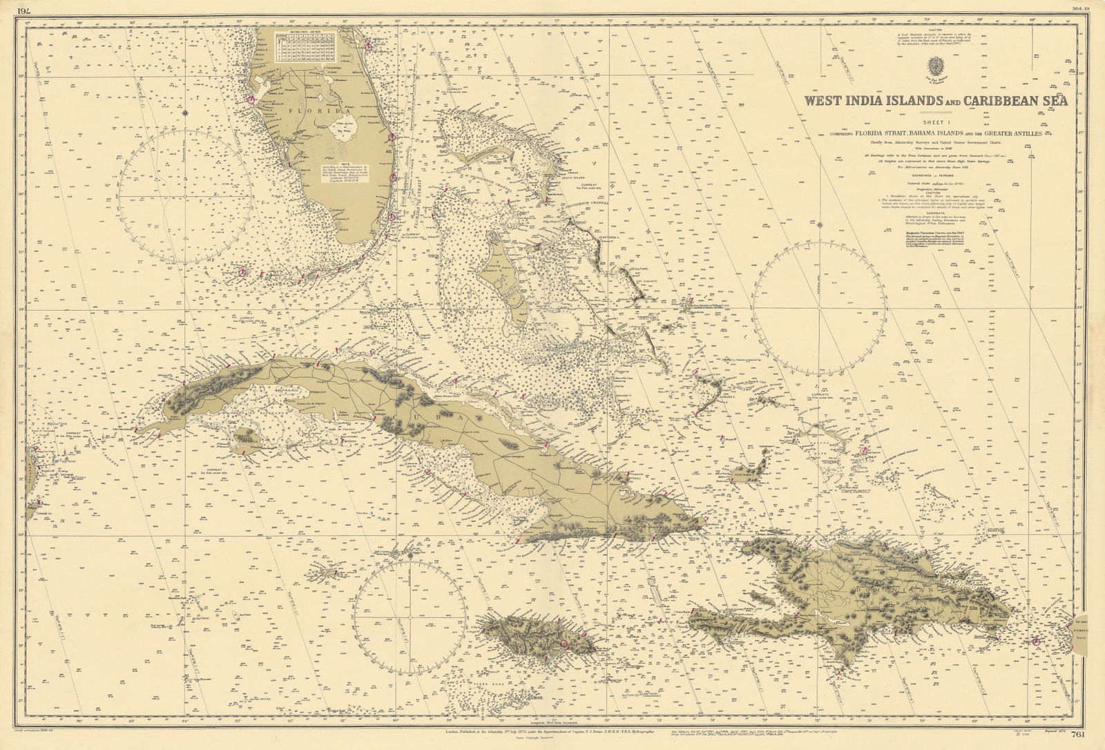West Indies Caribbean Florida Bahamas Cuba ADMIRALTY chart 1876 (1949) old map (1 of 1)