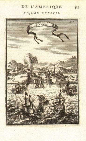 CUBA. City of Havana shown under attack by galleons. Decorative. MALLET 1683: TITLE OF THE PRINT: 'Havana' (De L'Amerique) DATE PRINTED: 1683 IMAGE SIZE: Approx Overall page size 13 x 21cm approximately (5 x 8 inches); image size 10.5 x 14.5cm approximately (4 x 5.5 inches) TYP