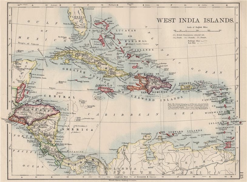 WEST INDIA ISLANDS. Caribbean Lucayas Caribbee Cuba. JOHNSTON 1900 old map (1 of 1)
