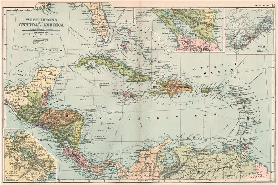 CARIBBEAN. West Indies and Central America; inset Panama Canal; Bermuda 1903 map: TITLE/CONTENT OF MAP: 'West Indies and Central America; Inset maps of Isthmus of Panama; The Nicaragua Route; Bermuda' DATE PRINTED: 1903 IMAGE SIZE: Approx 32.0 x 48.0cm, 12.5 x 18.75 inches (Large);