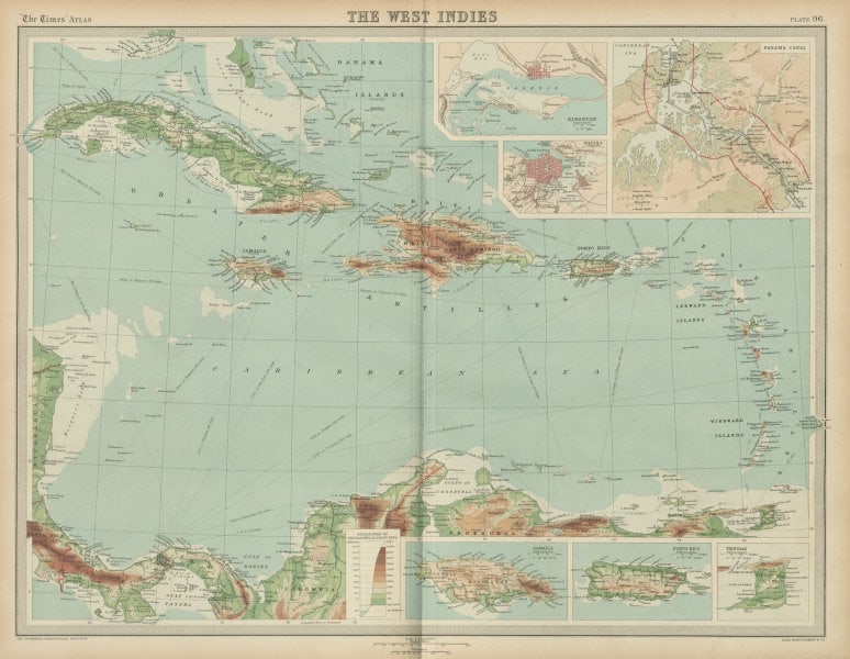 West Indies & Caribbean. Panama Canal. Relief. THE TIMES 1922 old vintage map: TITLE/CONTENT OF MAP: 'The West Indies' DATE PRINTED: 1922 IMAGE SIZE: Approx 44.5 x 57.5cm, 17.5 x 22.5 inches (Large); Please note that this is a folding map. TYPE: Antique atlas map CONDITION: Good