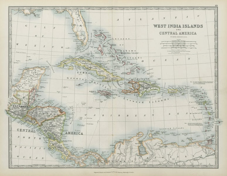 CARIBBEAN West Indies Central America Danish Virgin islands JOHNSTON 1901 map (1 of 1)