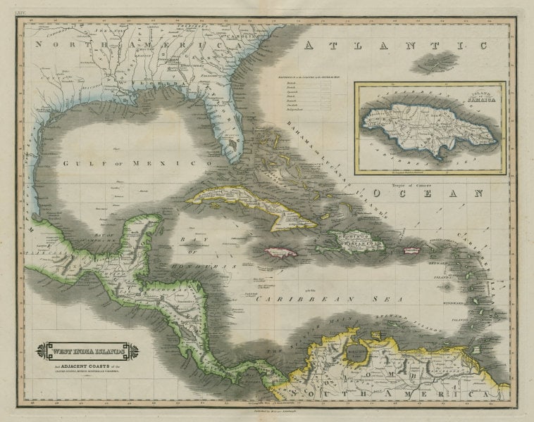West India Islands. Caribbean. La Salle settlement in Texas. LIZARS 1842 map (1 of 1)