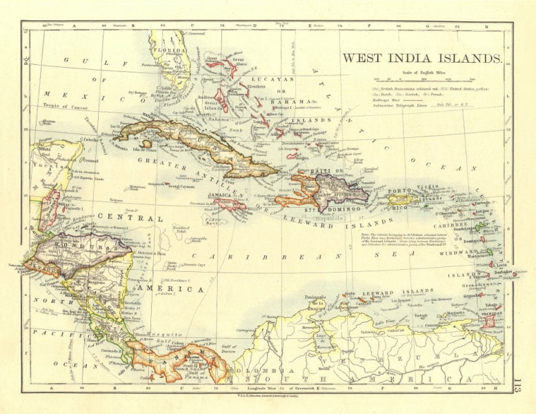 WEST INDIA ISLANDS. Caribbean Lucayas Windward/Leeward Is. JOHNSTON 1906 map (1 of 1)