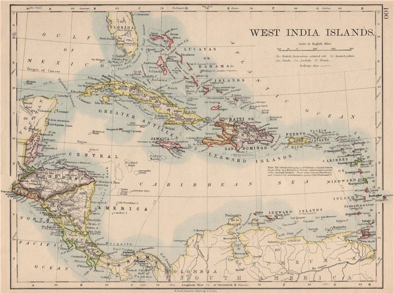 WEST INDIA ISLANDS. Caribbean Lucayas Caribbee Cuba. JOHNSTON 1895 old map (1 of 1)
