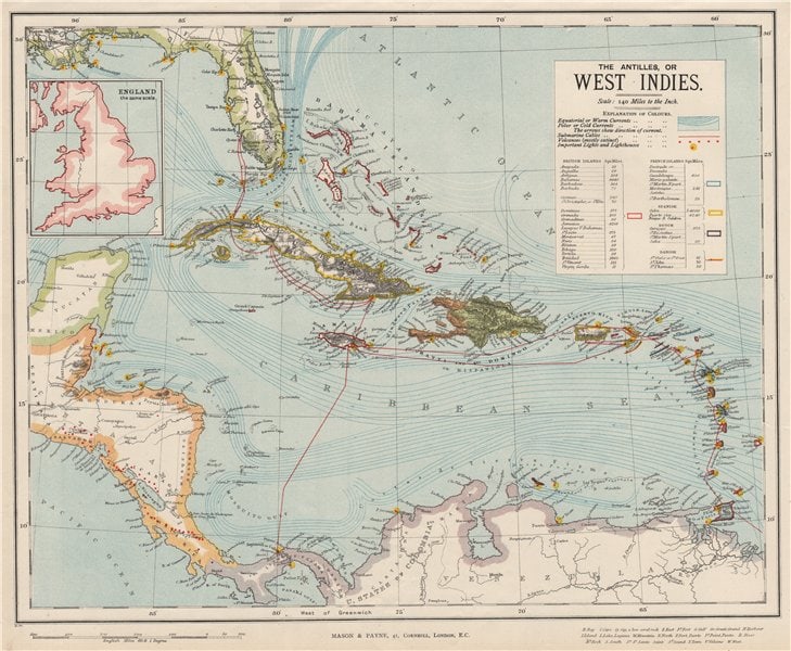 WEST INDIES volcanoes lighthouses telegraph cables. Dutch French. LETTS 1889 map (1 of 1)