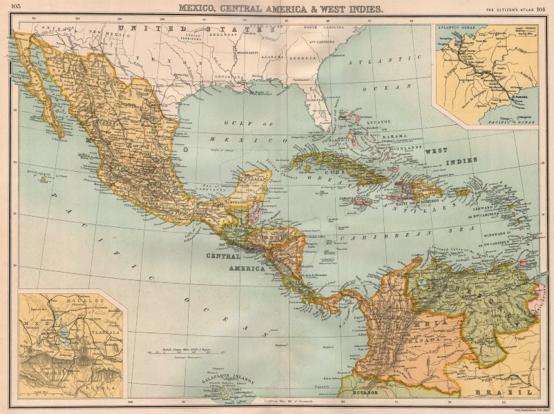 CENTRAL AMERICA. Mexico & Caribbean. Panama canal. BARTHOLOMEW 1898 old map (1 of 1)