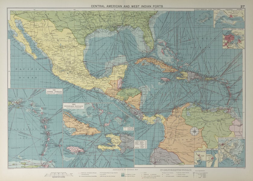 Central America Caribbean Gulf of Mexico chart Ports lighthouses LARGE 1927 map (1 of 1)