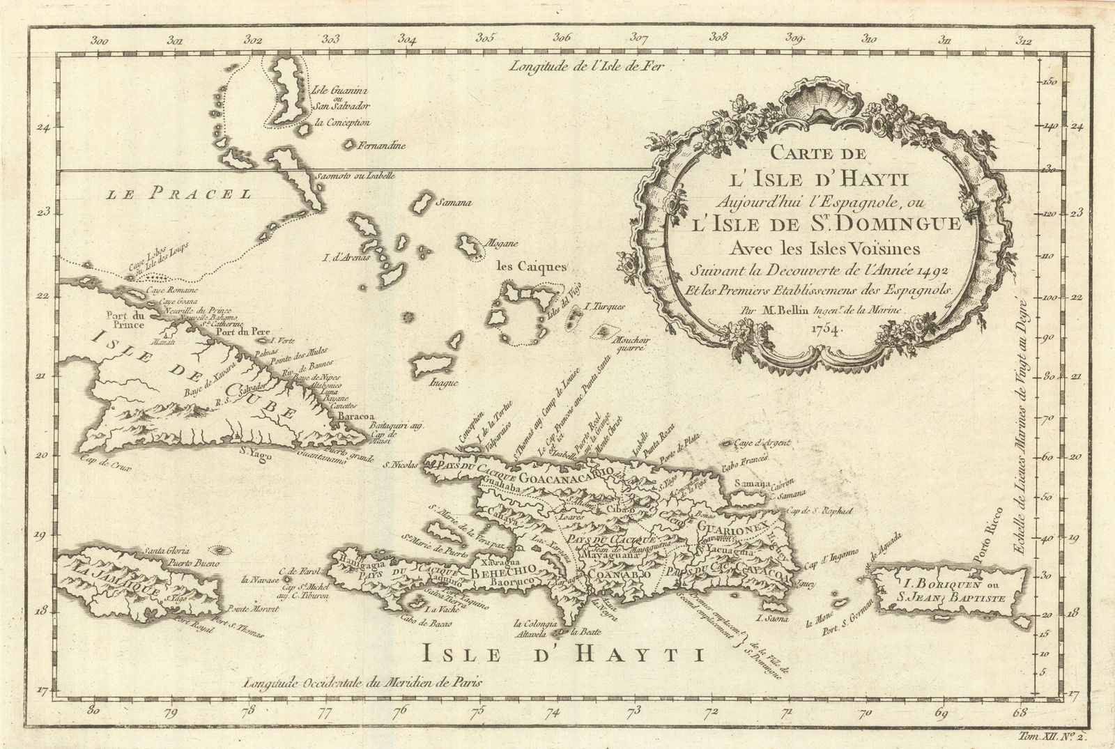Carte de I’Isle d’Hayti…ou St. Domingue' Hispaniola Bahamas. BELLIN 1754 map (1 of 1)