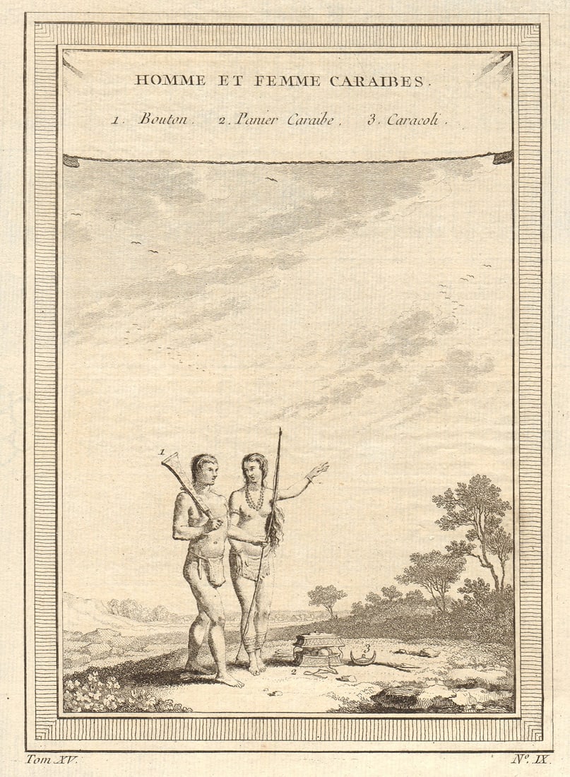Homme et Femme Caraïbes'. Carib man & woman. Caribbean. Basket Caracoli 1759: CAPTION PRINTED BELOW PICTURE: Homme et Femme Caraïbes 1. Bouton 2. Panier Caraïbe 3. Caracoli [Carib man and woman 1. "Button" 2. Carib basket 3. Caracoli] DATE PRINTED: 1759 IMAGE SIZE: Ap