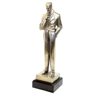 Art Deco Male Figurine the Smoker in Silvered Bronze patina: About the Item Most famous figurine designed by J C leyendecker illustration artist. Cast in lost wax bronze with polished Antique silver patina. Good size mounted on an absolute black marble base. In