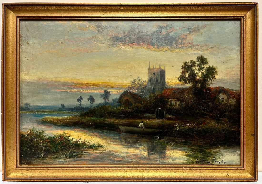Fine Edwardian English Oil Painting River Landscape with Church at Sunset: Artist/ School: William Langley, British 19th/ 20th century, signed Title: Sunset over the English Landscape Medium: oil on canvas (the board showing in the photos is purely a protective backing). Fra