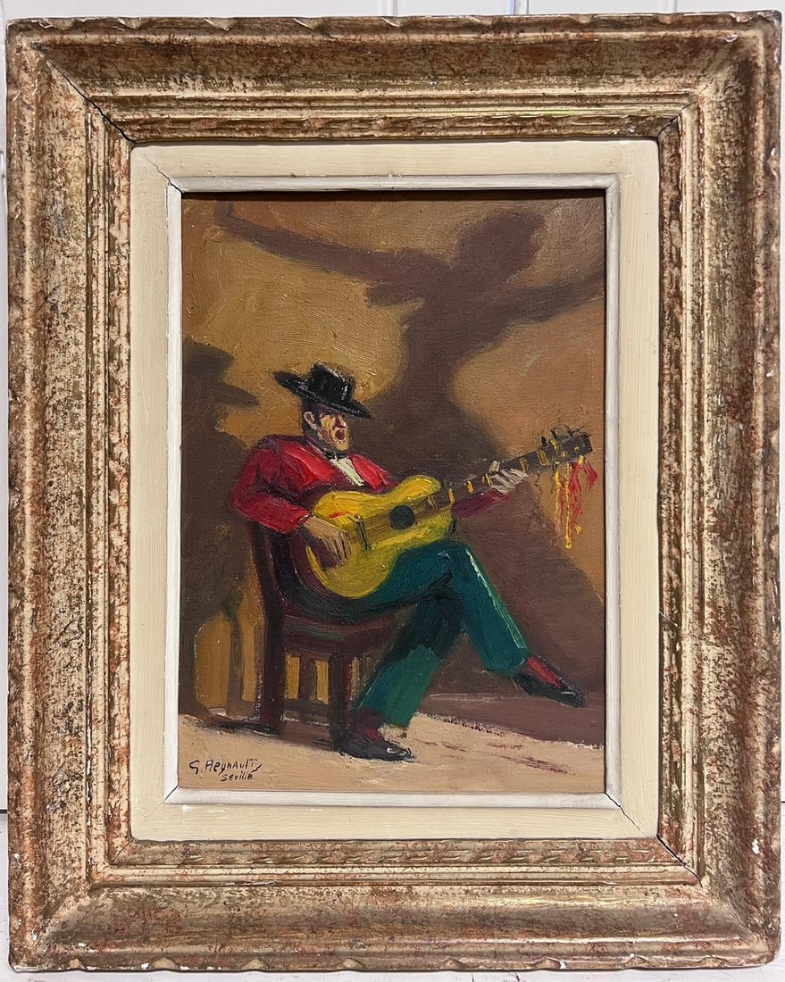 The Guitar Player from Seville Superb Vintage French Oil Painting Period Frame (1 of 12)
