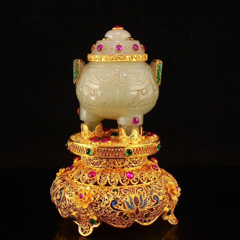 Chinese Hetian Jade Inlay Gem Double Ears 3 Legs Incense Burner w Gold Wire Enamel Base & Qianlong (1 of 10)