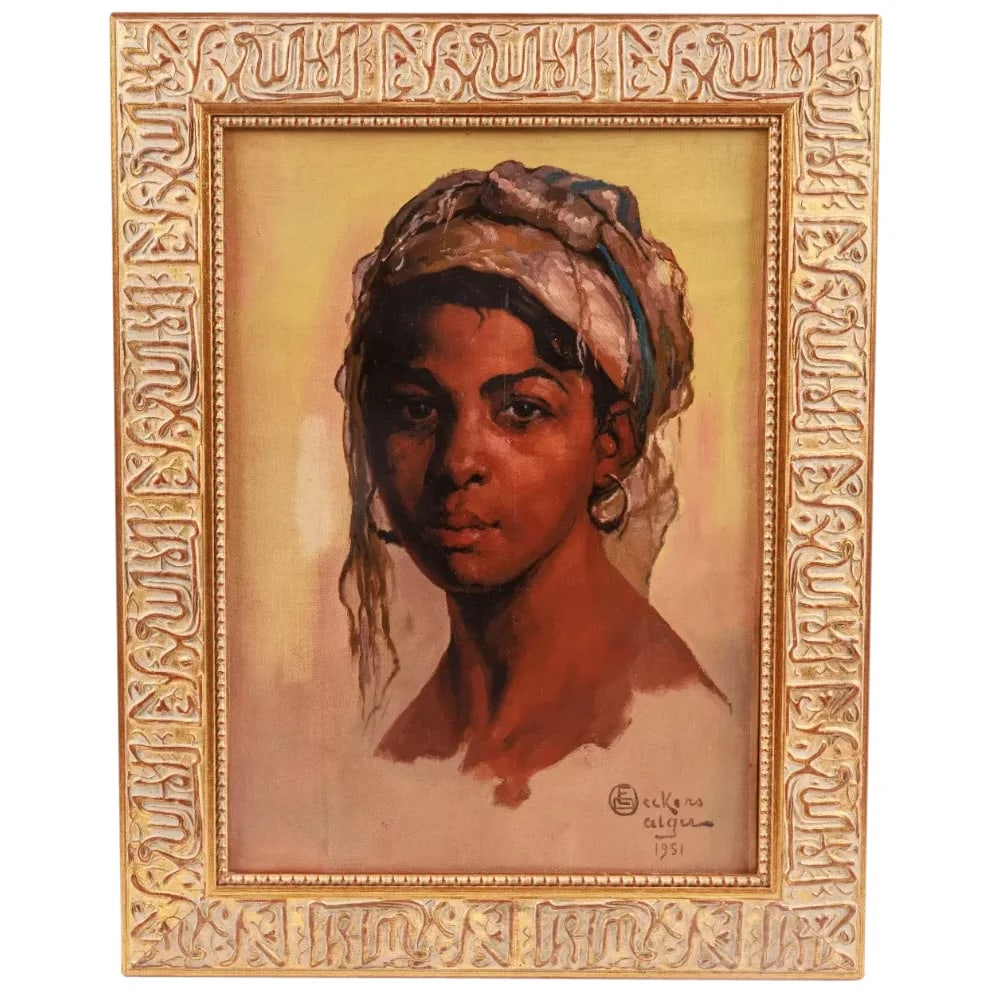 Emile Deckers ( Belgian, 1885 –1968) A Portrait Painting of An Algerian Woman: Emile Deckers ( Belgian, 1885 –1968) An Orientalist Portrait Painting of An Algerian Woman, circa 1950. Realistically painted, depicting an Algerian woman in traditional clothing and head garb,