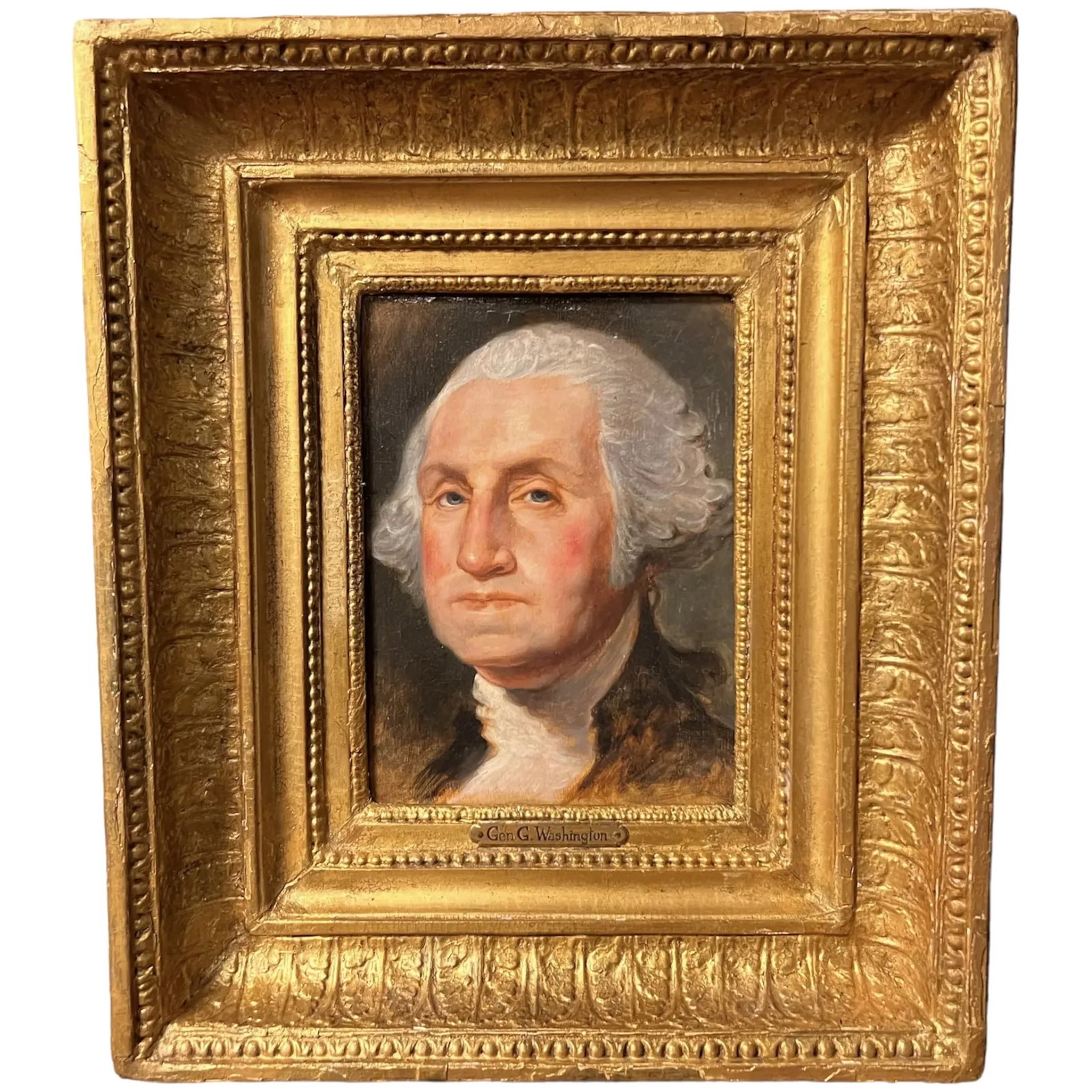 American School 19th Century Portrait of George Washington after Gilbert Stuart circa 1810: American School 19th Century Portrait of George Washington, crafted around 1810, serves as a compelling homage to the nation’s founding father. Executed in the style reminiscent of Gilbert Stuar