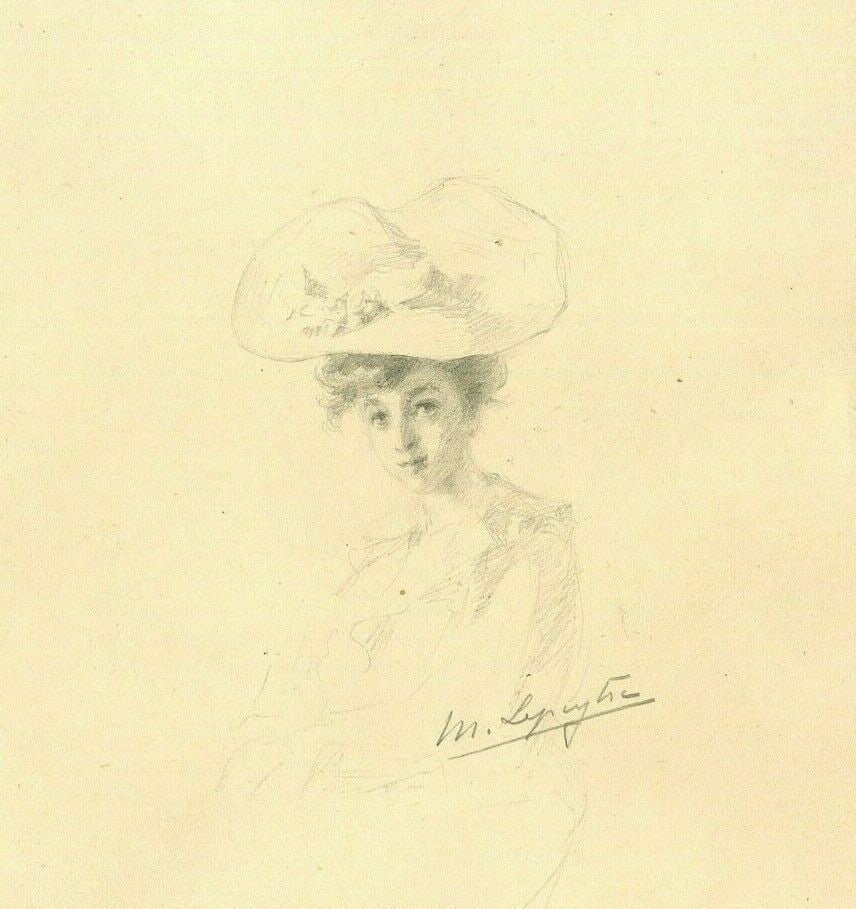 Antique Pencil Drawing Original Portrait of Elegant Woman in Hat (1 of 2)
