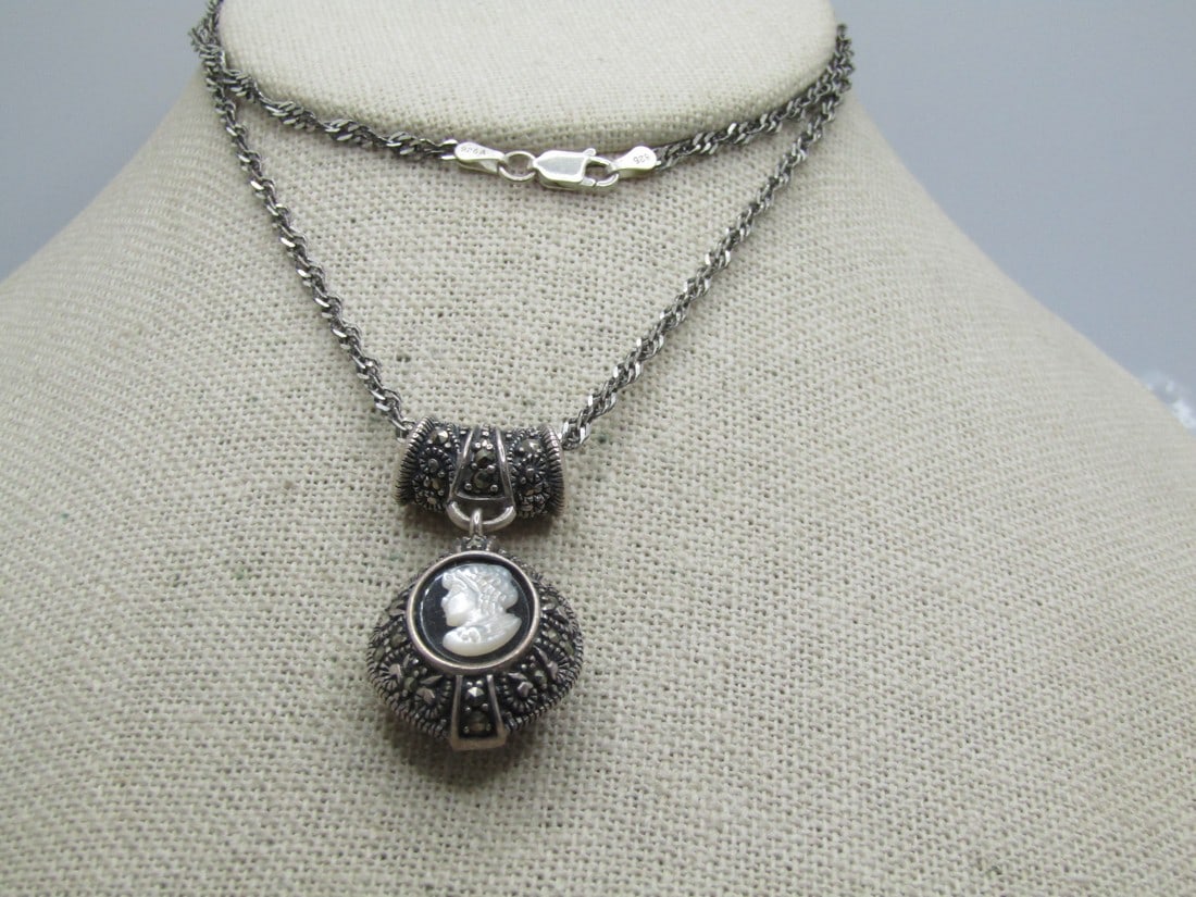 Vintage Sterling Cameo Marcasite Necklace, 22" (1 of 6)