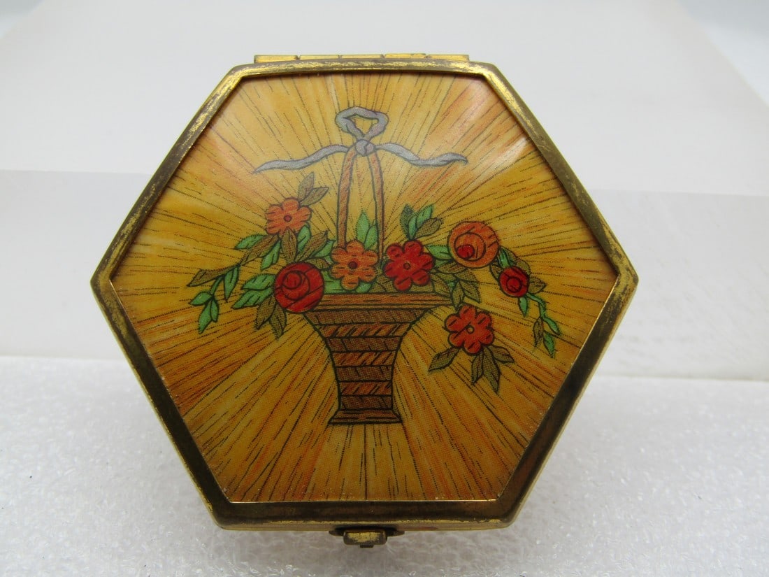 Antique Houbigant Floral Basket Compact, Mirror & Matching Puff, 1920's-1930's: Antique Houbigant Floral Basket Compact, Mirror & Matching Puff, 1920's-1930's Paris-New York written below the mirror and Houbigant on the top. Round mirror on the inside of the top case above the mi
