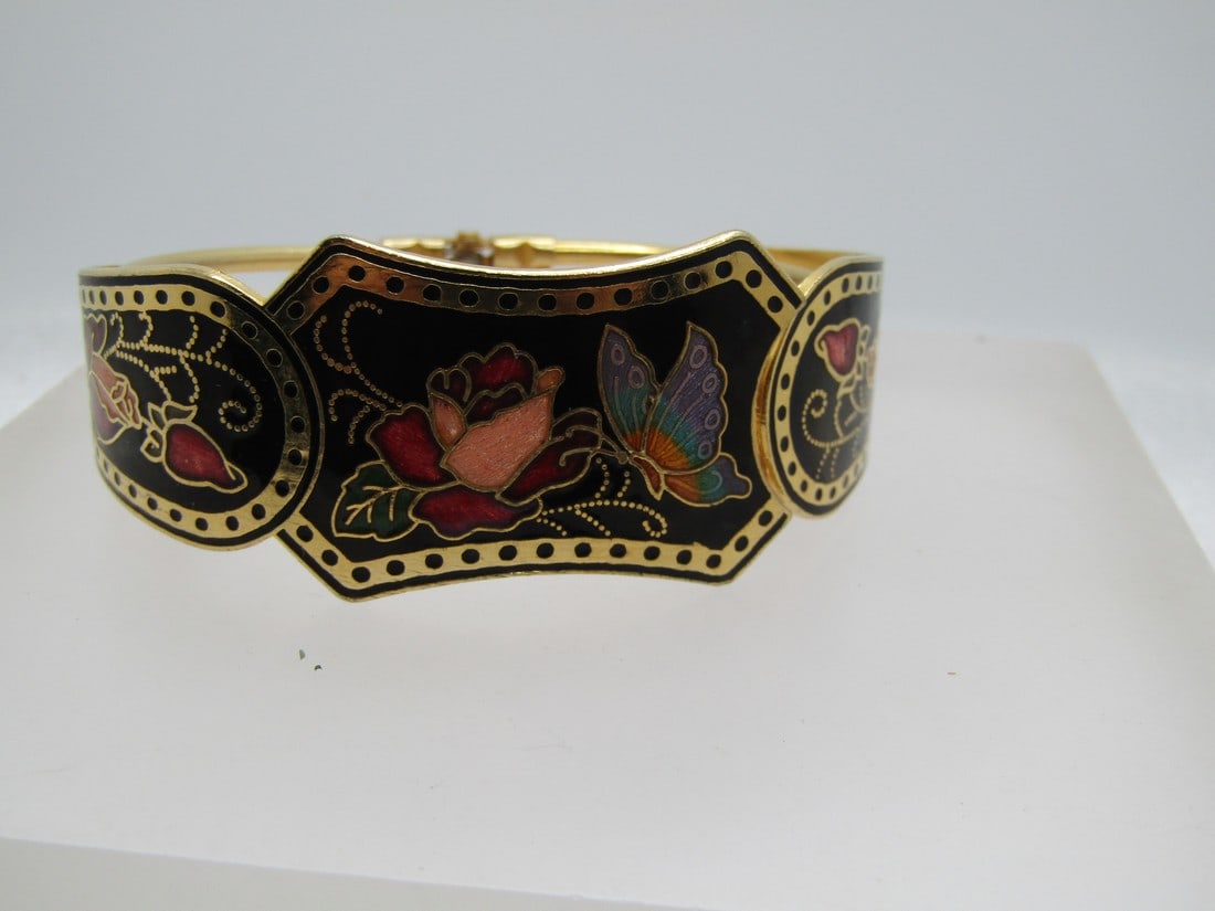 Vintage Cloisonne Hinged Clamper Bracelet, 6.5", 1980's (1 of 8)