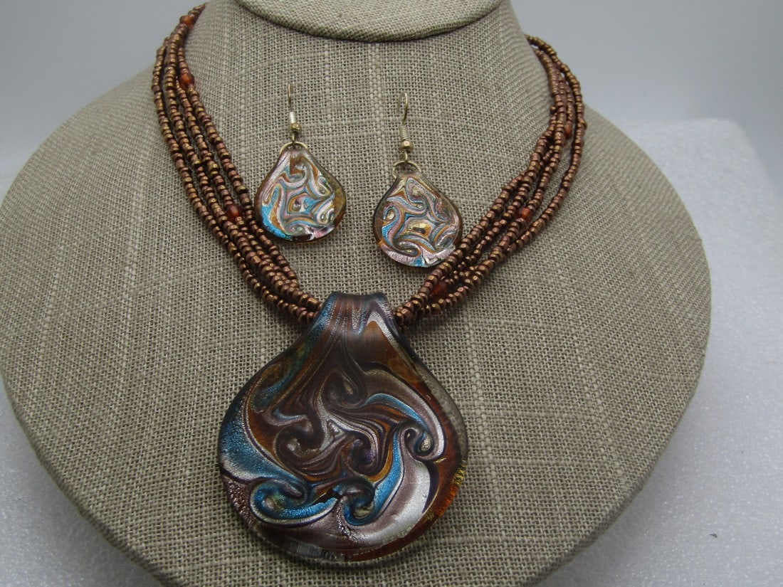 Vintage Multi-Strand Swirled Copper Glass Necklace & Earrings, 18"-20" (1 of 6)