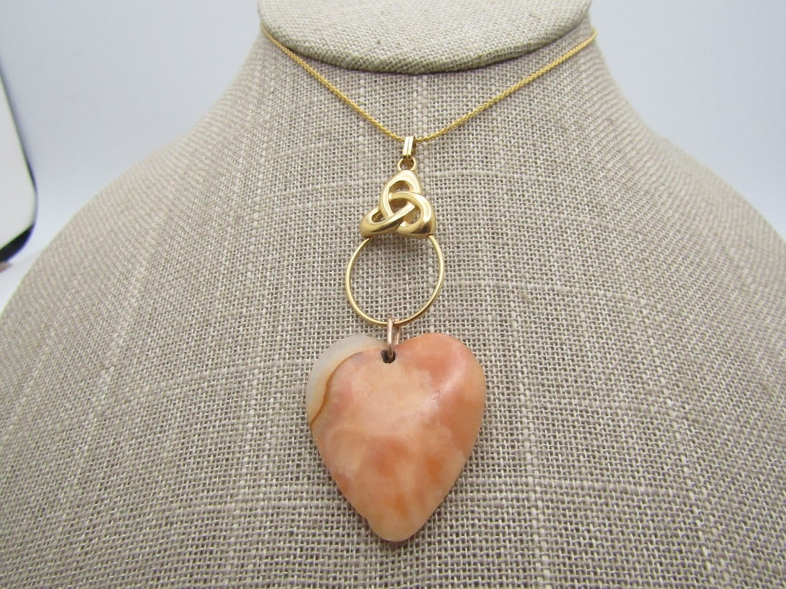 Vintage Monet Agate & Trinity Celtic Knot  Charm Necklace, 1Stone Heart Pendant, 8", 1960's-1970's (1 of 7)