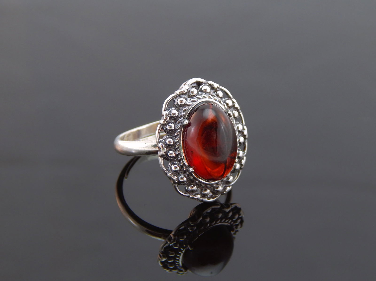 Natural Baltic Cherry Amber Victorian Gothic Adjustable Ring in 925 Sterling Silver (1 of 4)
