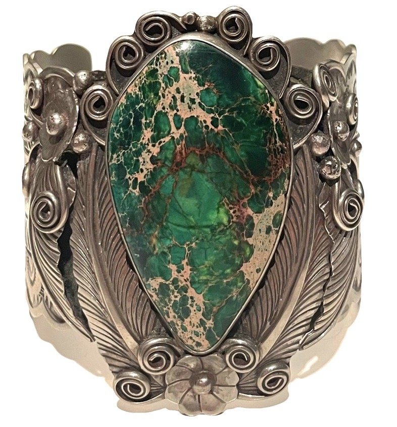 Vintage Old Pawn Navajo Sterling Silver With Dead Sea Sediment Gem Stone Cuff: This is a truly extraordinary stampede silver old pawn Navajo cuff with dead see sediment stone. When I am not wearing it I ahve it on an altar with other sacred Native American pieces. It is truly an