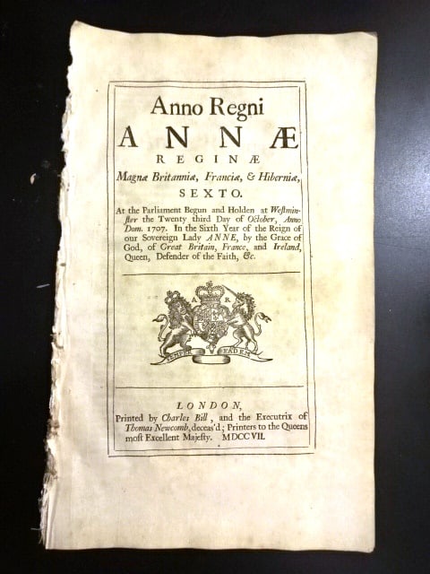 1707 English Act East India Company: An Act of Parliament from the reign of Queen Anne printed at London by Charles Bill, 1707, pertaining to the East India Company. Decorative cover leaf and in black letter, complete act, pages 295-307.