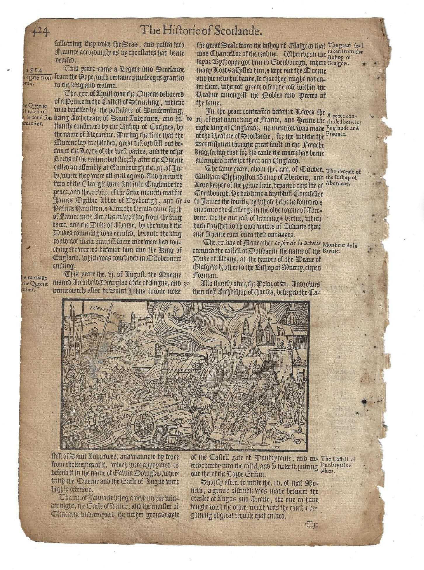 1577 English Leaf Woodcut Attack on Castle (1 of 2)
