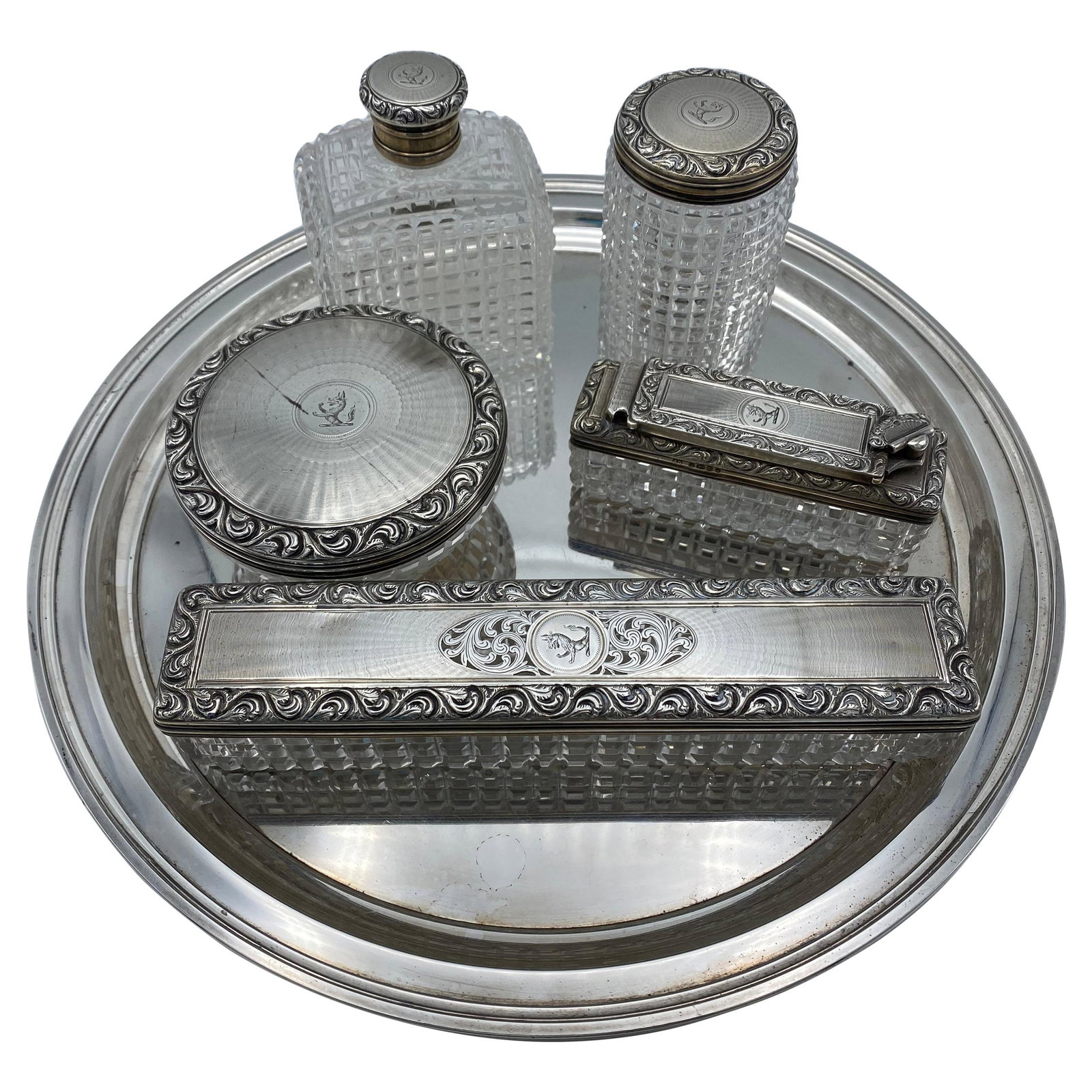 Art Deco Tiffany & Co Sterling Silver and Crystal Vanity Set: Product details: The set includes Tiffany & Co sterling serving tray, it is stamped with serial number 21253, q-tips jar, cotton balls jar, pill box, perfume bottle and tooth brush box. It is made out