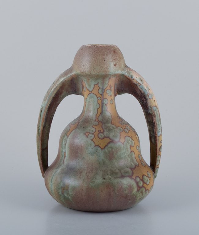 Desvres Fourmaintraux Delassus, France. Ceramic vase with handles in Crystal glaze. Art Nouveau. (1 of 8)