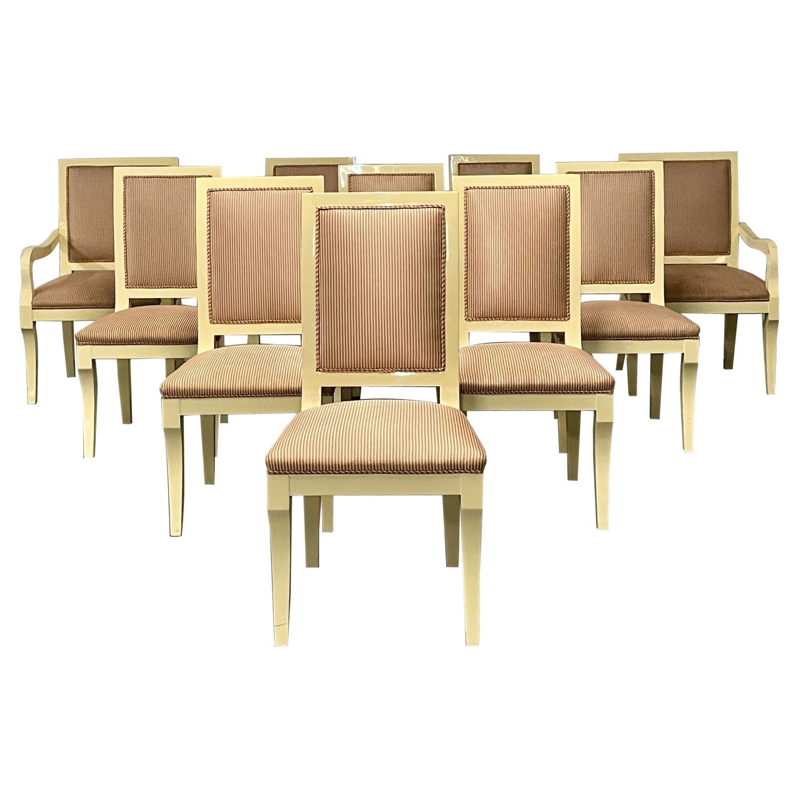 Ten Modern Dining Chairs, White Lacquer, Ron Seff, Custom: A set of ten custom lacquered designer dining chairs. Sleek and stylish with straight lines throughout this strong and strudy set of dining chair was custom made for the client in the late 70s. Two ar
