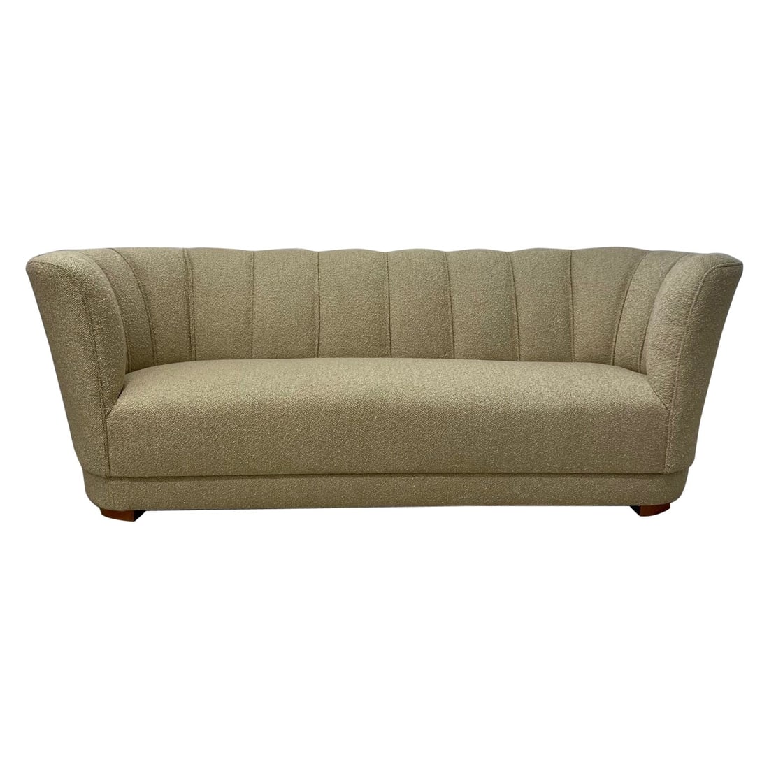 Mid-Century Modern Danish Cabinetmaker Curved Sofa, Boucle, Flemming Lassen: Mid-Century Modern Danish cabinetmaker curved sofa / settee, Boucle, Flemming Lassen Style Beautifly organic shaped Danish sofa similar to works by Flemming Lassen. This sofa features a newly upholste