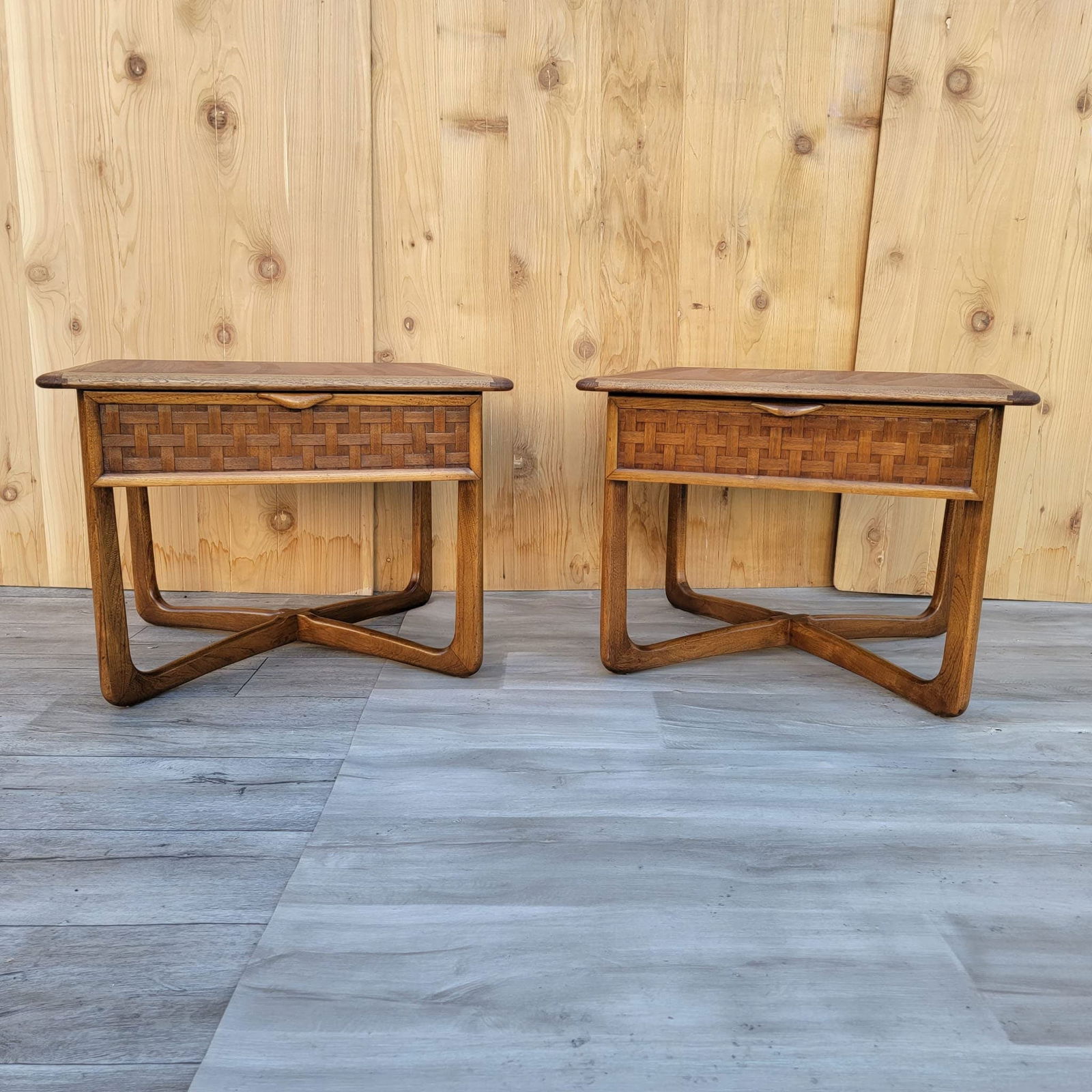 Mid Century Modern Square Walnut Lane Perception Side/End Tables with a Basket Weave Drawer - Pair (1 of 10)