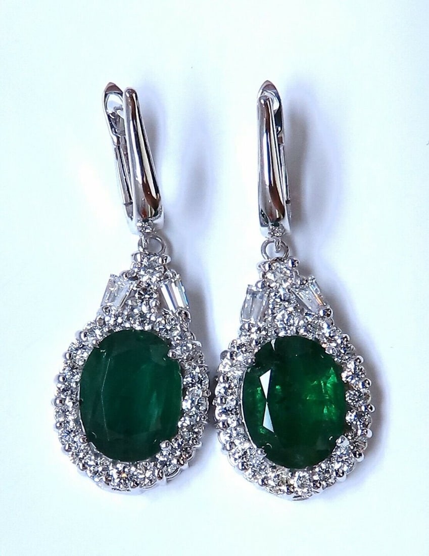 7.16ct Natural Oval Emeralds Diamond Dangle Earrings 14kt cluster crown Halo (1 of 5)