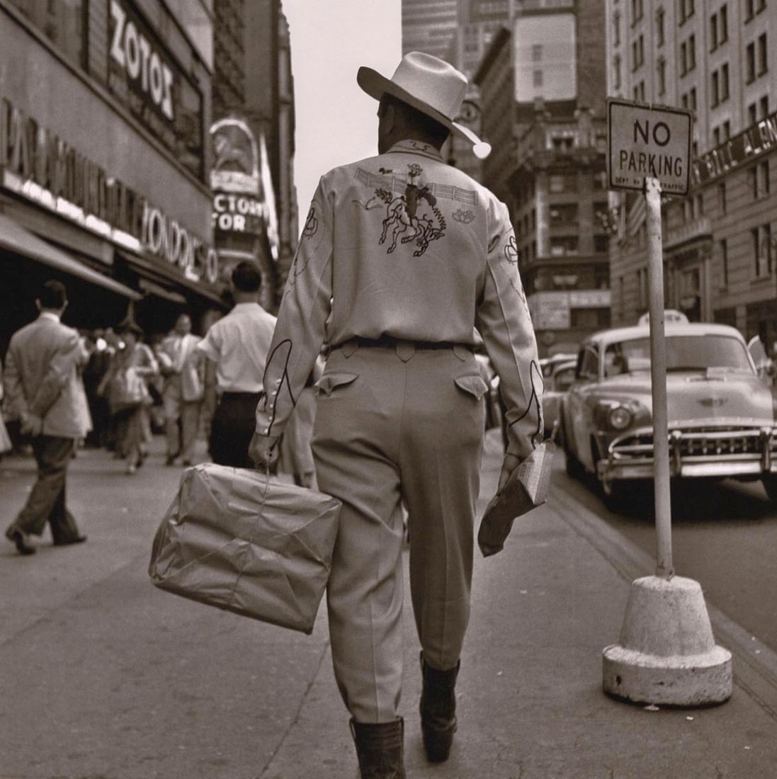 VIVIAN MAIER - Untitled, (Cowboy): Artist: VIVIAN MAIER Print Title: Untitled Medium: Duotone Photolithograph Printed 2010’s in China Image size (inches) approx. 9 x 9” Additional Information: COA included. Reserve: $40.00 