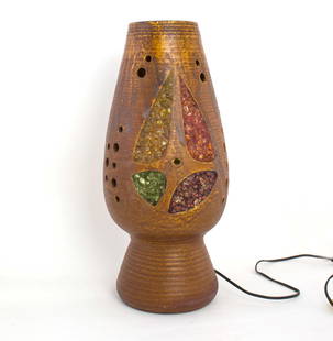 Mid-Century French Pottery, ACCOLAY Ceramic VALLAURIS KOSTANDA Table Lamp: Interesting large mid-century pottery from France. In Accolay, a group of artists, similar to the Vallauris group made famous by Picasso were experimenting to produce artistic pieces for everyday use.