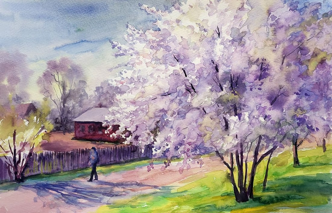 Watercolor painting Cherry blossoms Serdyuk Boris Petrovich: №SERB 935 The watercolor painting "Cherry Blossoms" portrays a serene and picturesque village scene, bathed in the soft, diffused light of spring. At the heart of the composition is a magnificen