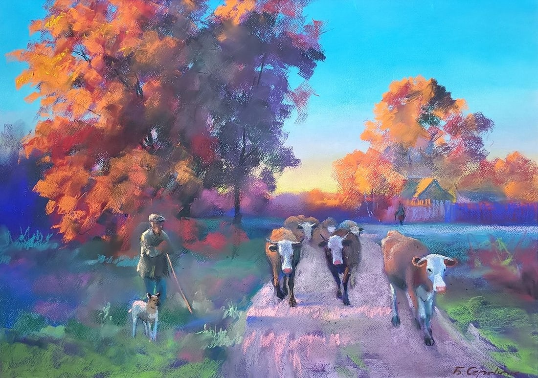 Pastel painting Morning Serdyuk Boris Petrovich: №SERB 976 The pastel painting titled "Morning" portrays a bucolic scene filled with the soft, ethereal light of dawn. The landscape is alive with the vibrant, fiery hues of autumn, as a shepherd