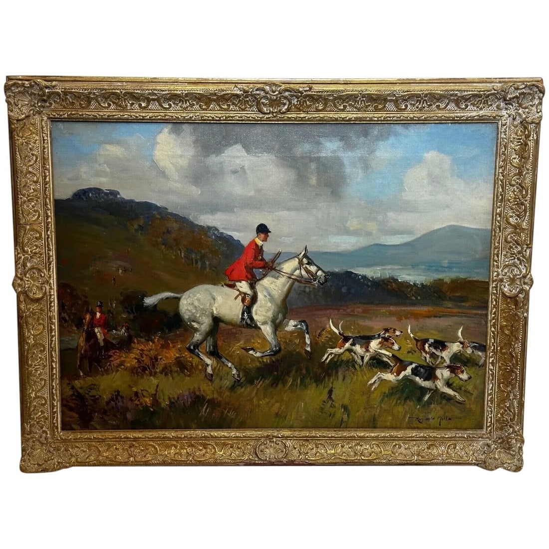 Oil Painting Red Coats Huntsman Grey Horse Foxhound Dogs By Reginald Mills RBA: British Antique Work of Art Oil Painting Red Coats Huntsman On Grey Horse Charging With Foxhounds Hunting Fox By Reginald Mills RBA. If you are looking for a painting that really stands out to display