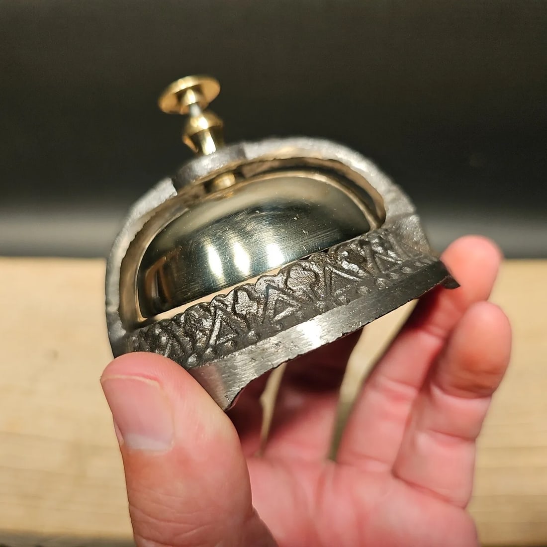 Iron & Brass Table Desk Bell: 2 3/4" Tall x 3 1/2" Wide Just wonderful antique reproduction brass bell. Fully functional, great for use or display! Charming intricate decoration. Reserve: $18.00 Shipping: Domestic: Flat-rate of $7