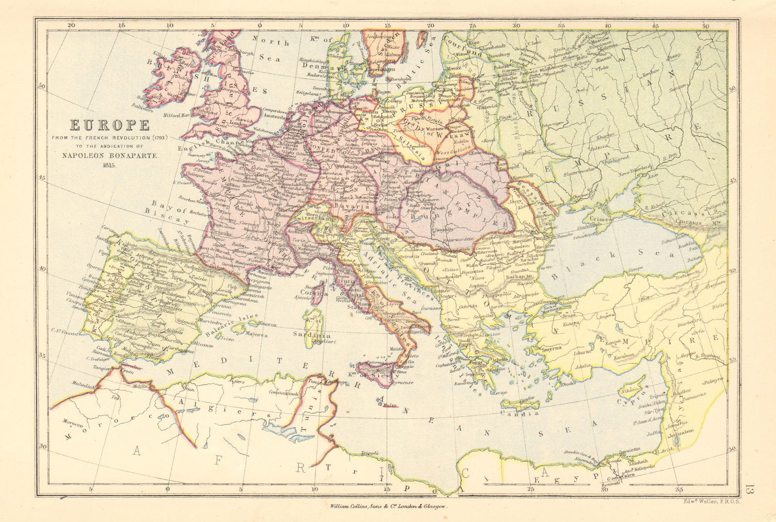 NAPOLEONIC EUROPE. French Revolution 1793- Bonaparte's abdication 1815 1876 map (1 of 1)
