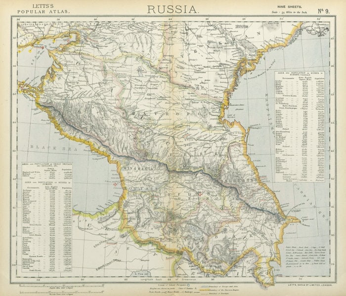 CAUCASUS. Russia Circassia Astrakhan Georgia Azerbaijan Armenia. LETTS 1883 map (1 of 1)