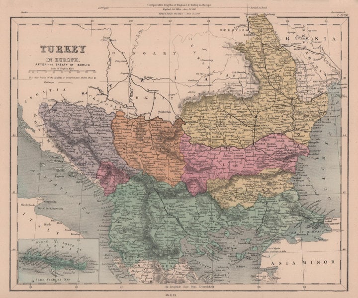 Turkey In Europe after the Treaty of Berlin. Balkans. HUGHES 1876 old map: TITLE/CONTENT OF MAP: 'Turkey In Europe after the Treaty of Berlin' DATE PRINTED: 1876 IMAGE SIZE: Approx 25.0 x 30.0cm, 9.75 x 11.75 inches (Large) TYPE: Antique hand coloured engraved map CONDITION: