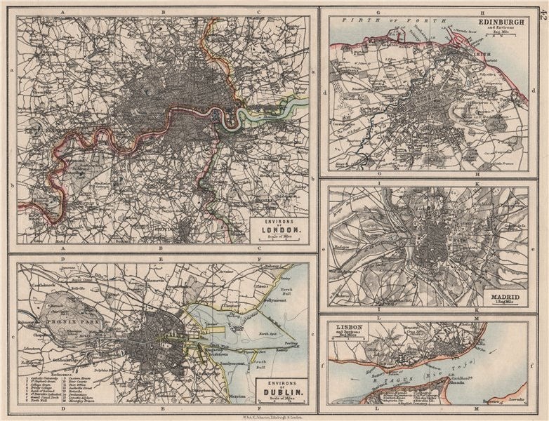 EUROPEAN CITIES. London Edinburgh Madrid Lisbon Dublin. JOHNSTON 1900 old map: TITLE/CONTENT OF MAP: 'Environs of London; environs of Dublin; Edinburgh and environs; Madrid; Lisbon and environs' DATE PRINTED: 1900 IMAGE SIZE: Approx 20.0 x 26.5cm, 8 x 10.5 inches (Medium) TYPE: 