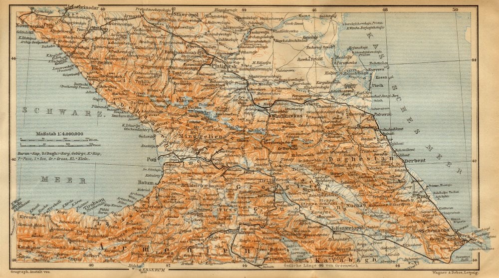Caucasus. Armenia, Georgia, Azerbaijan & Russian South. BAEDEKER 1912 old map: TITLE/CONTENT OF MAP: Kaukasus(Armenien/Daghestan) [Caucasus (Armenia / Georgia, Azerbaijan)] DATE PRINTED: 1912 IMAGE SIZE: Approx 15.5 x 27.5cm, 6 x 10.75 inches (Medium); Please note that this is a