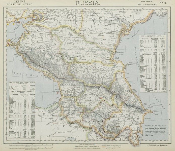 CAUCASUS. Russia Circassia Astrakhan Georgia Azerbaijan Armenia. LETTS 1884 map (1 of 1)